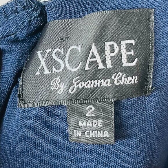 Xscape Silk Navy Blue and Gold Metallic Maxi Evening Gown - Picture 8 of 12